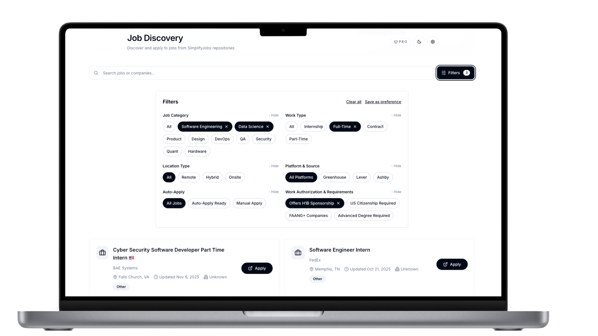 Job preferences filtering interface
